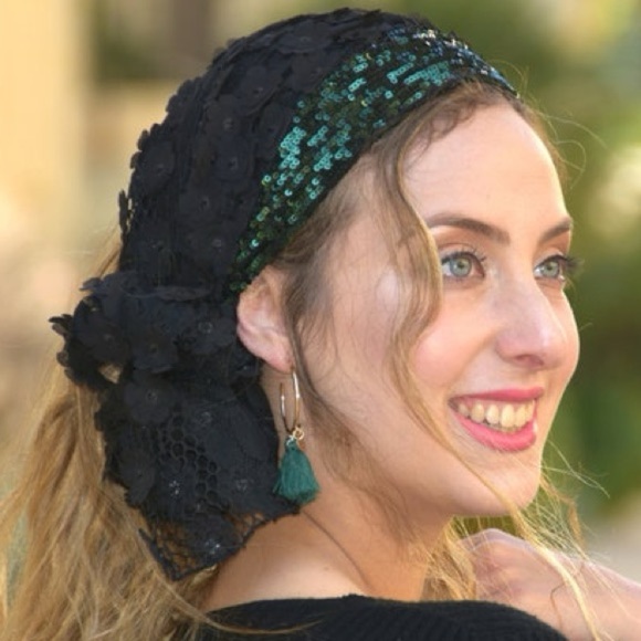 Lovely Black & Green Lace Handmade Mitpachat Head Covering-Scarf-Tichel Headband - Picture 8 of 10